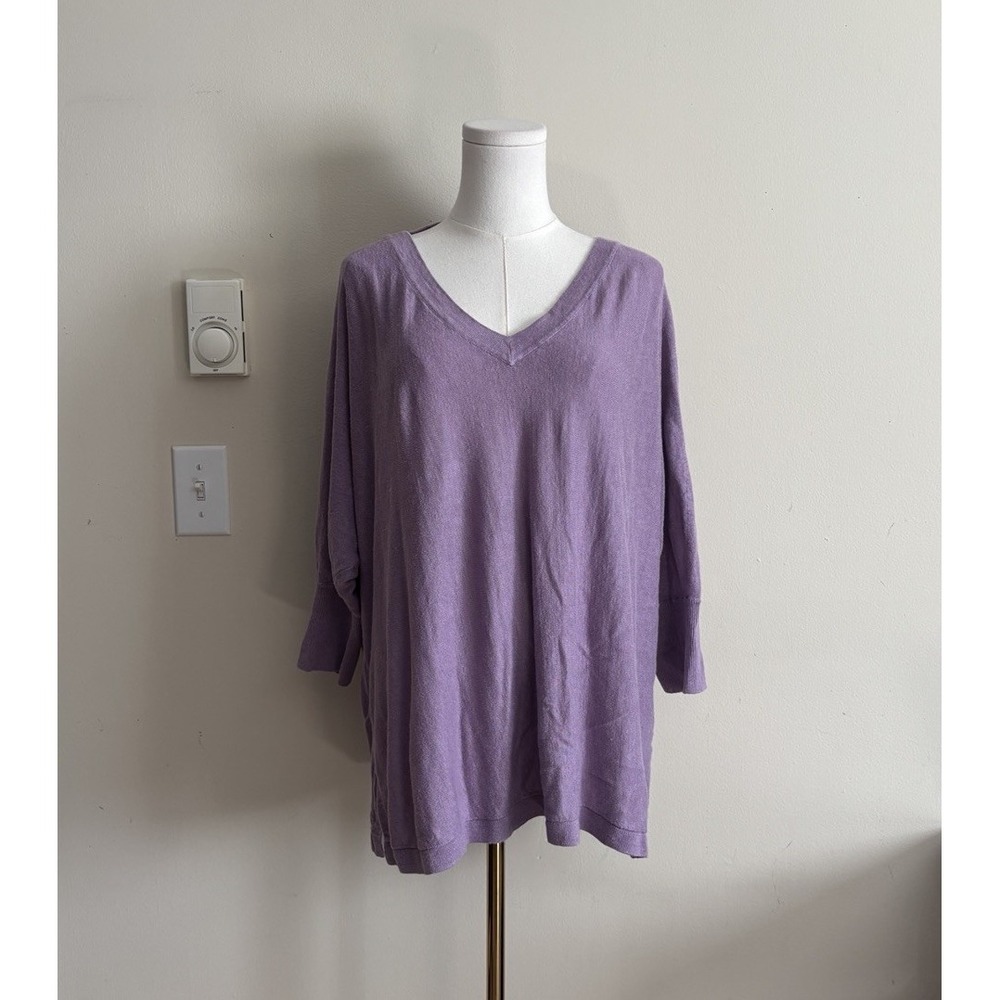 Garnet Hill Womens XL Linen Knit Top Relaxed V Neck Short Sleeve Purple *Flaw